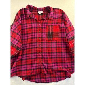 Plaid Button-Down Shirt By Studio Park Size 2X Red & Pink Checkered Pattern